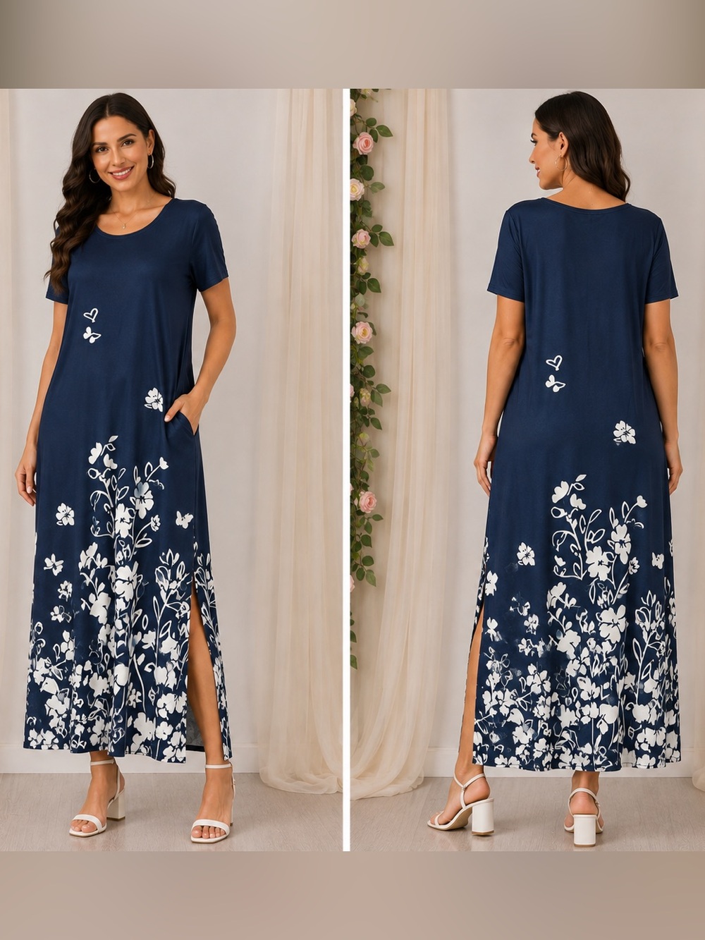 NWT Navy Blue Floral Butterfly Maxi Dress Size L Pockets Side Slits